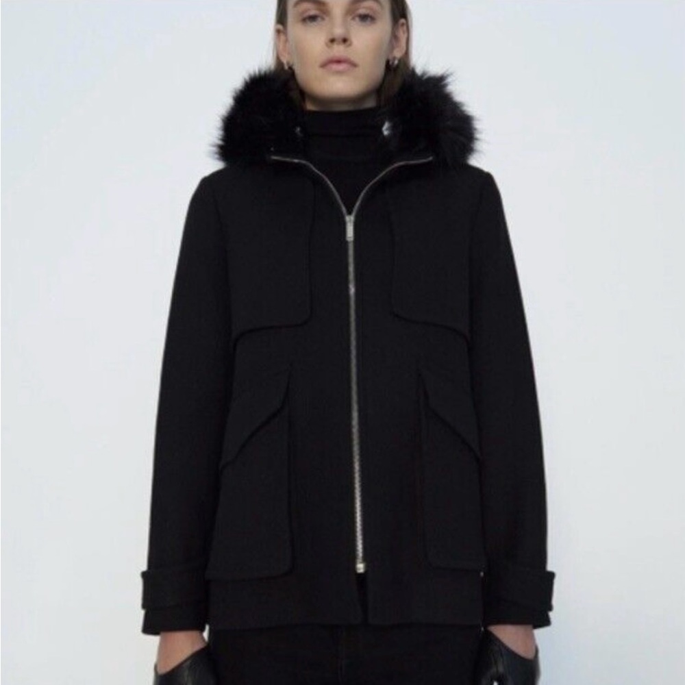 Zara Black Winter Wool With Fur Hood